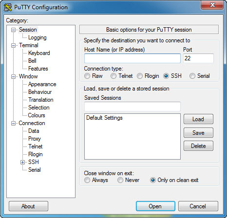 The PuTTY Configuration window