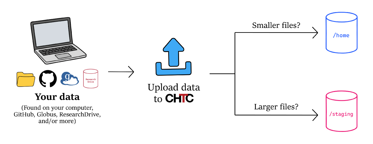 Data from your computer, GitHub, Globus, ResearchDrive, or other sources is uploaded to CHTC, then stored in /home for smaller files or /staging for larger files.